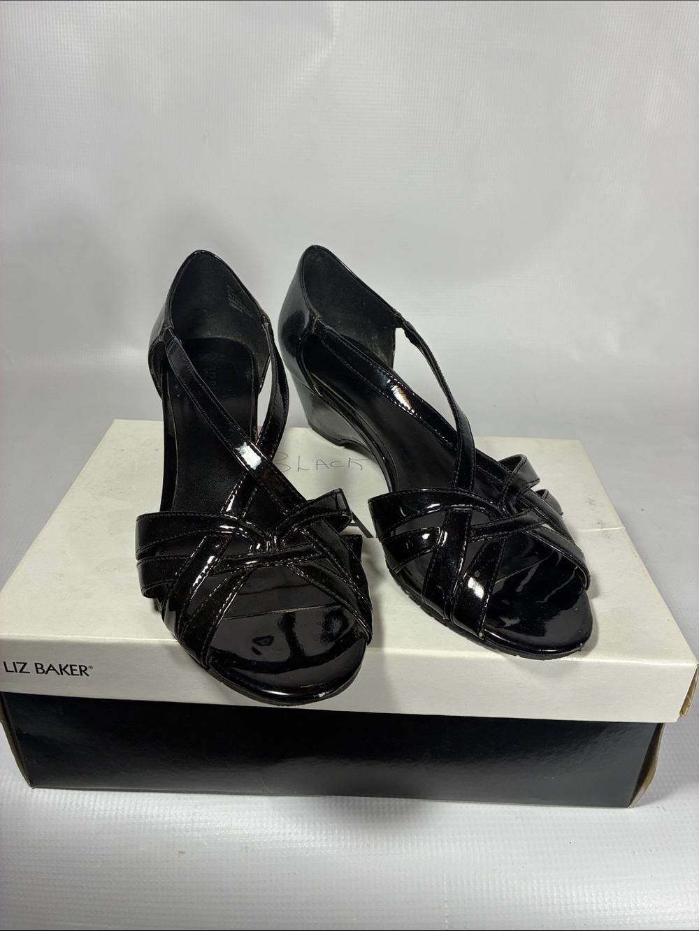 Liz Baker Black Patent Crisscross Peep-Toe Wedge Sandals